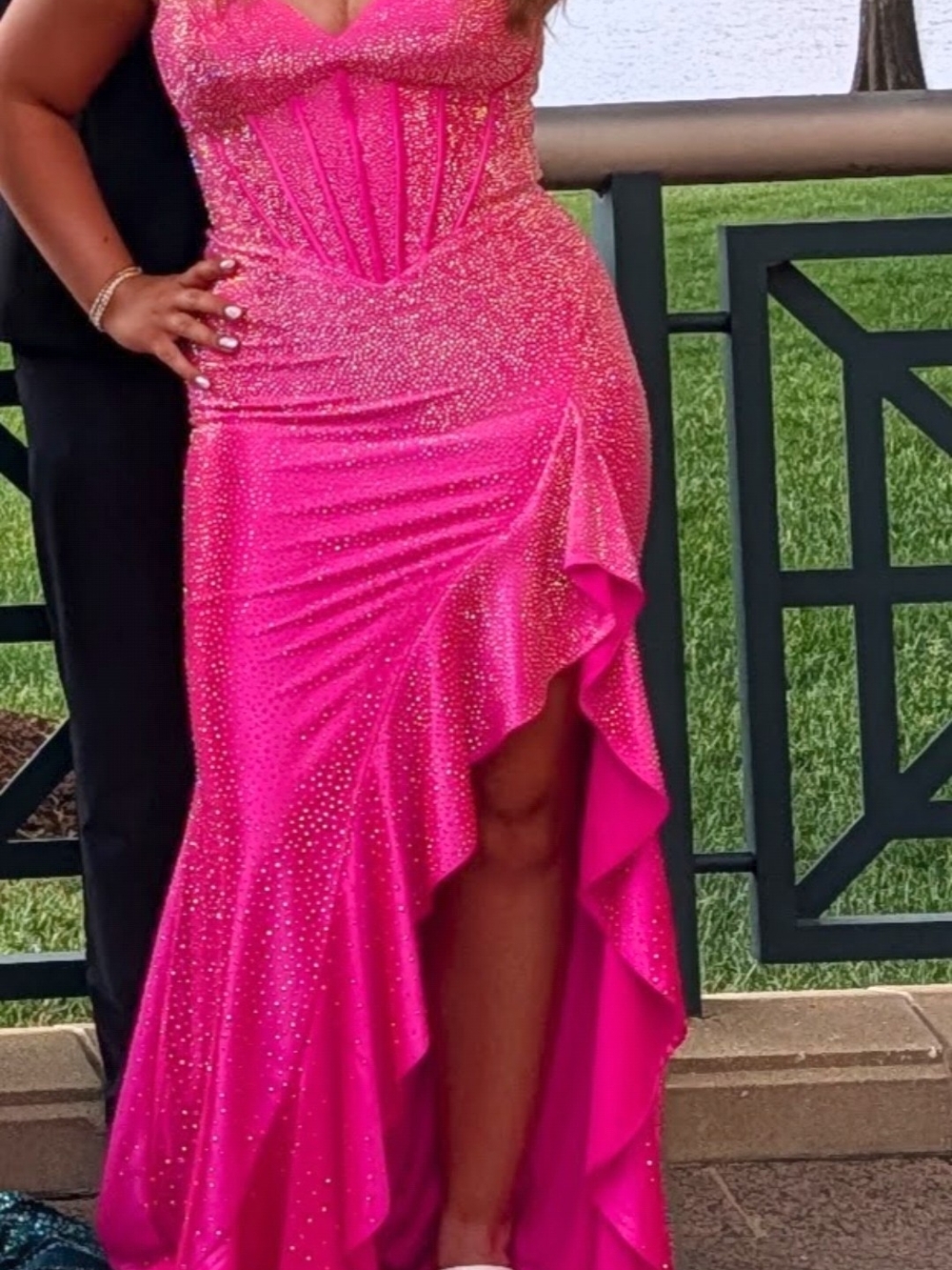 Sherri Hill Hot Pink Rhinestone Corset High-Low Gown